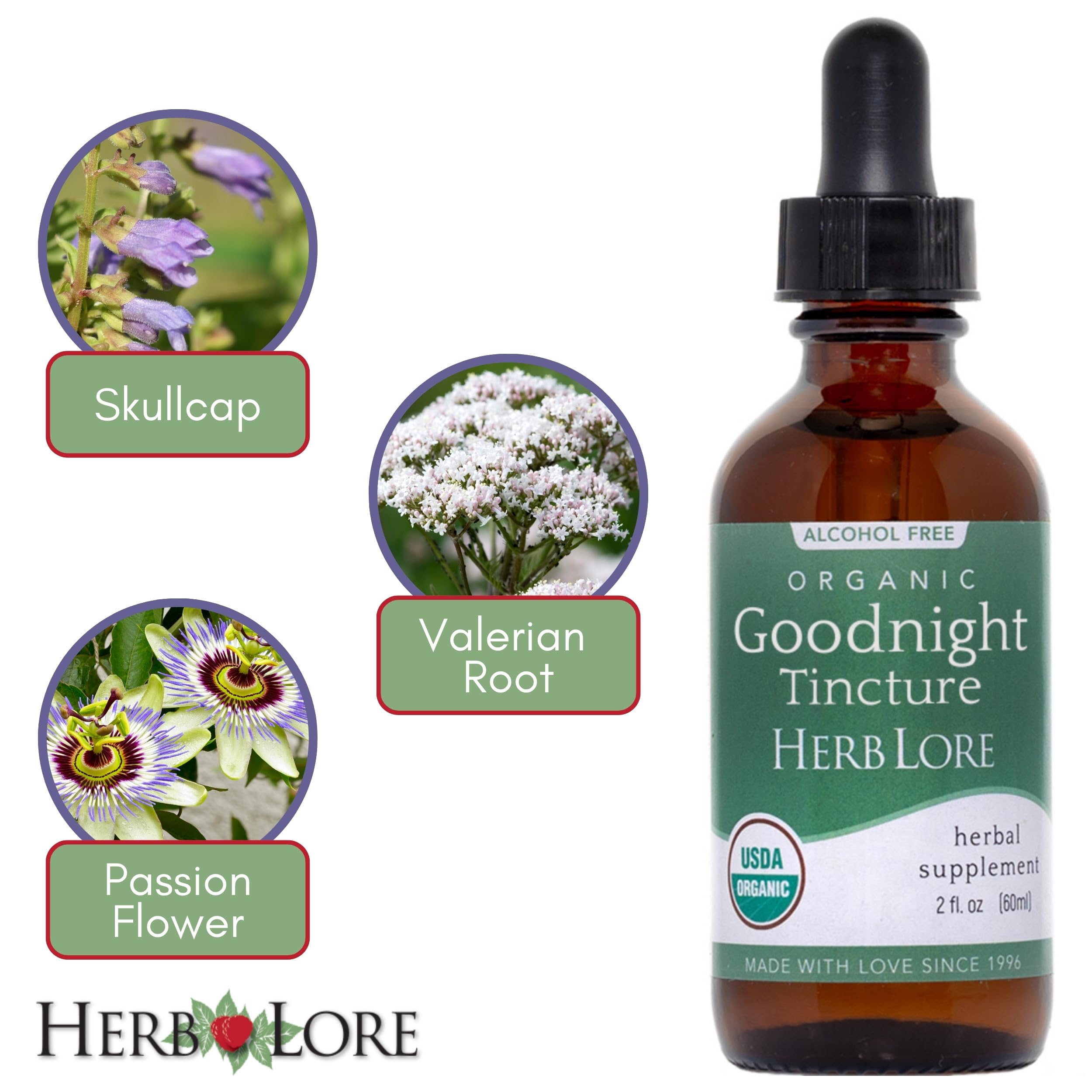 Herb Lore GoodNight Tincture label close-up showing organic, alcohol-free formula.