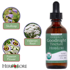 Herb Lore GoodNight Tincture label close-up showing organic, alcohol-free formula.