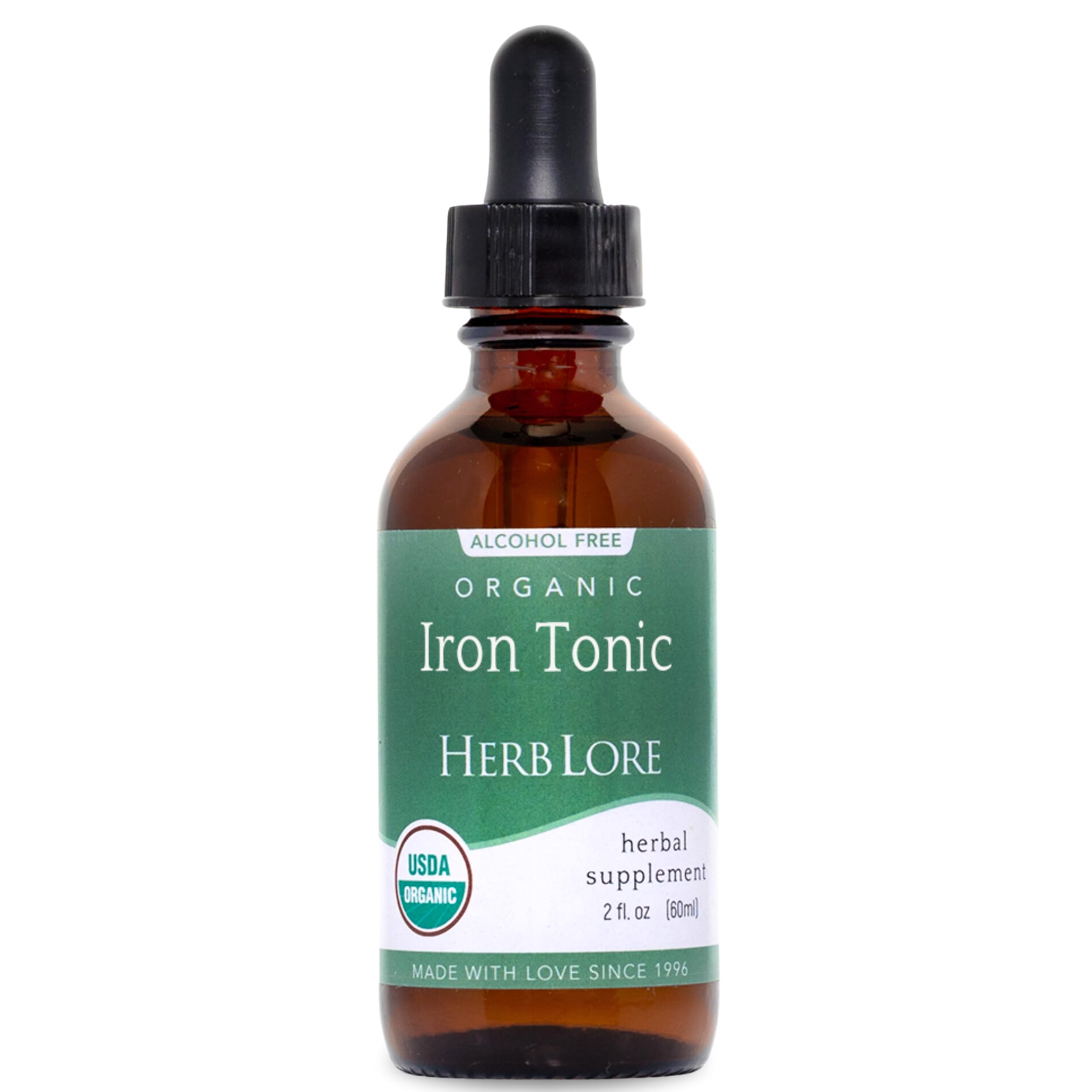 Herb Lore Iron Tonic bottle pour demonstrates easy supplementation for daily iron support.