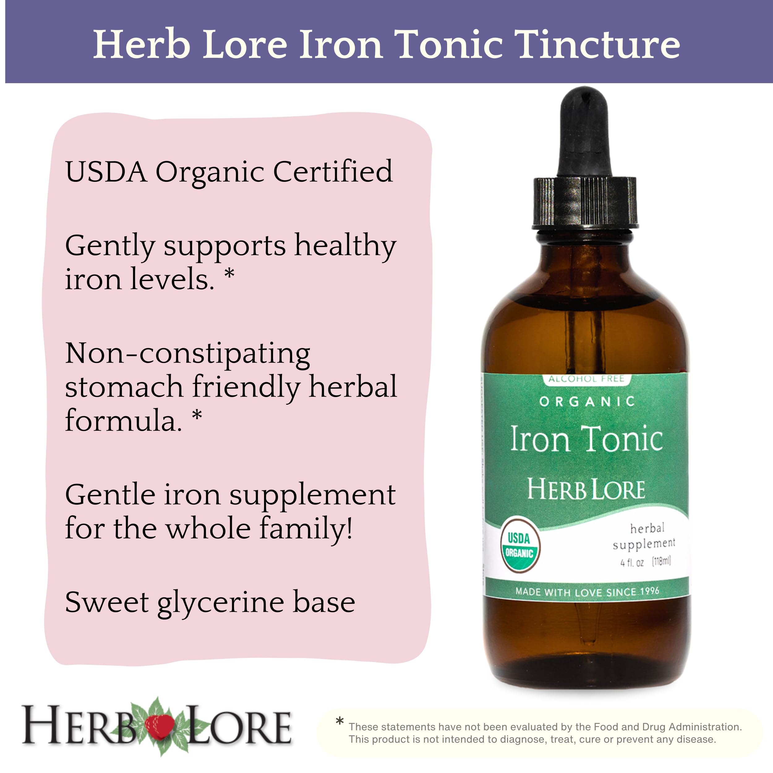 Herb Lore Iron Tonic dropper dispensing iron into a drink for easy dosing