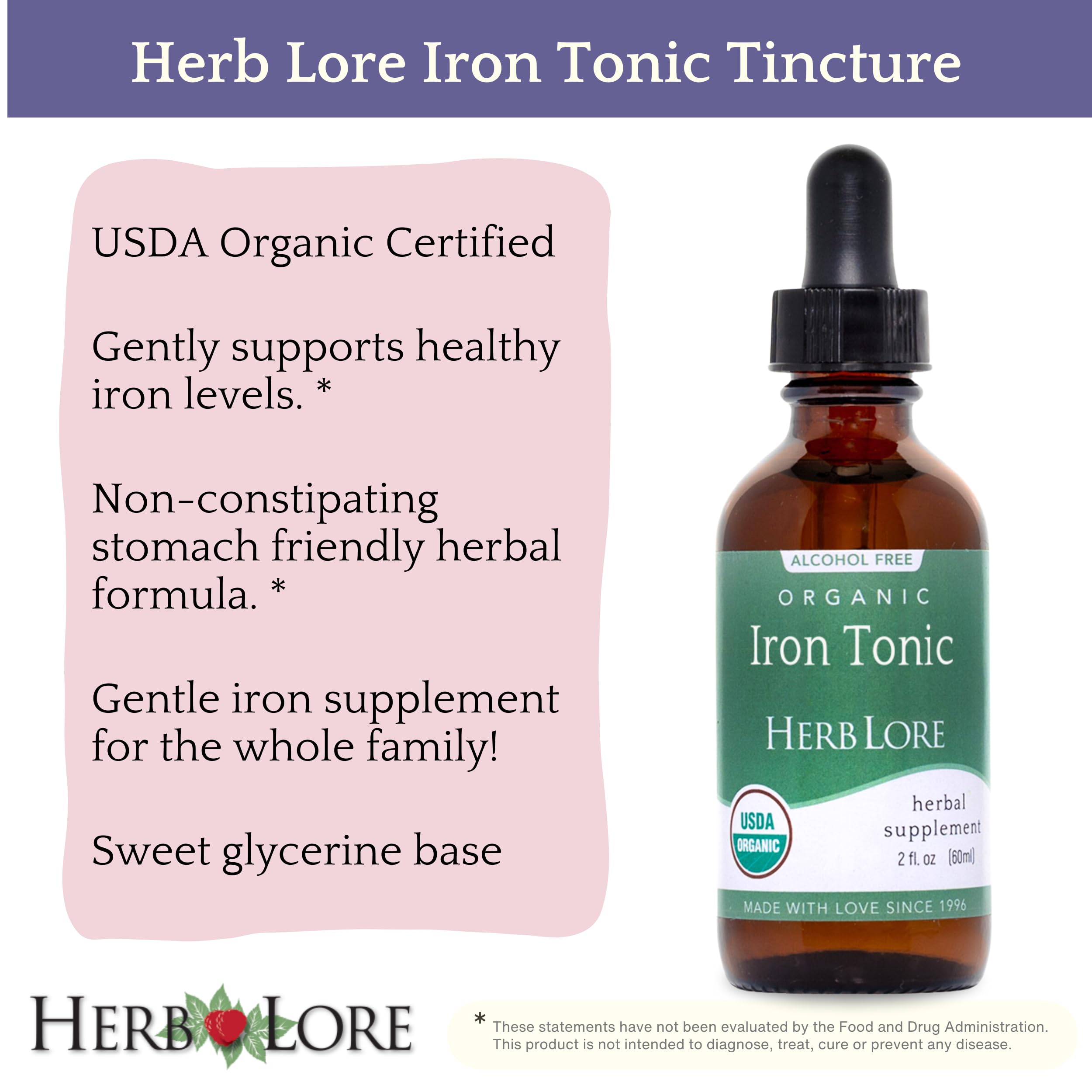Herb Lore Iron Tonic drops shown dosing for different ages.
