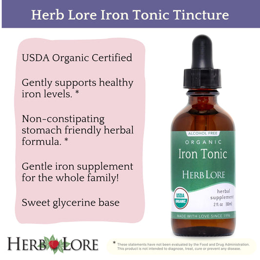 Herb Lore Iron Tonic drops shown dosing for different ages.
