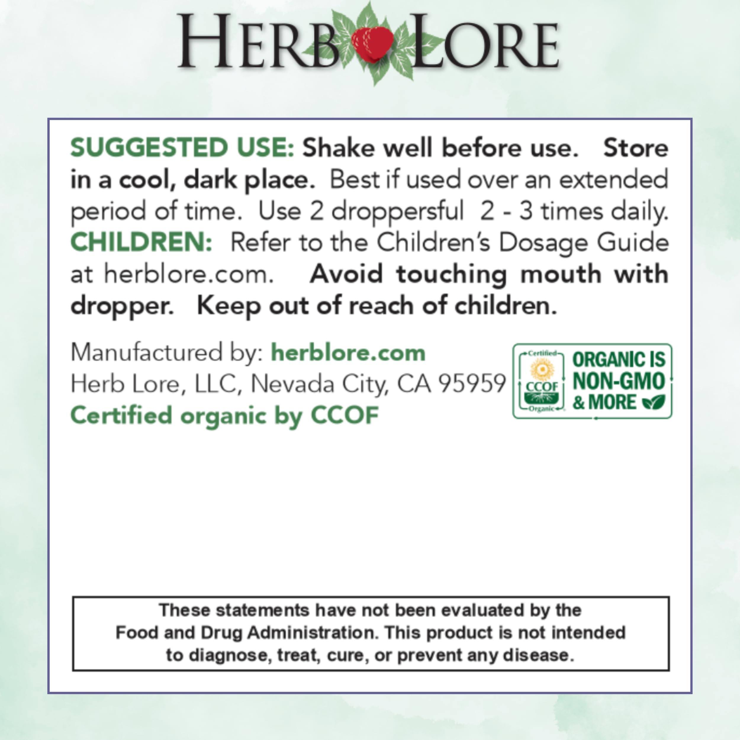 USA-made Herb Lore Iron Tonic label emphasizes organic vegan formula