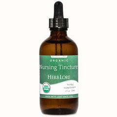 Herb Lore Organic Nursing Tincture bottle on counter supports breastfeeding with organic ingredients.
