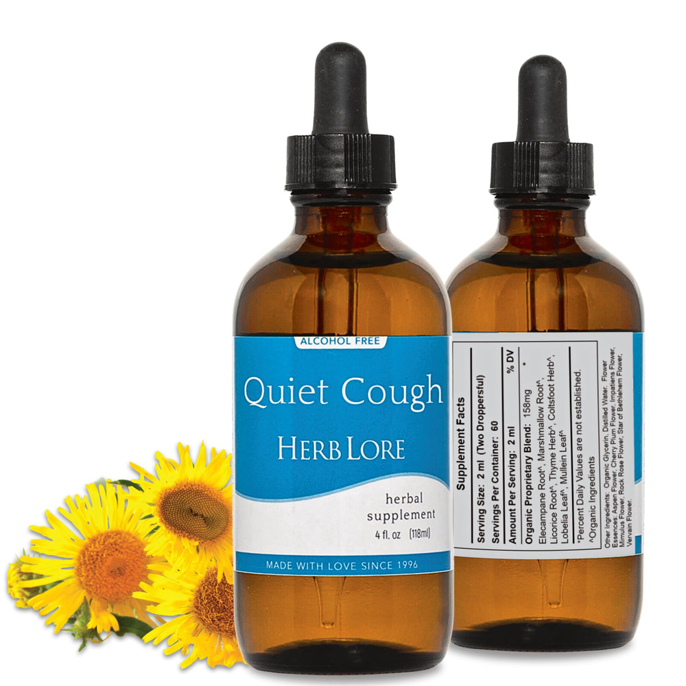 Herb Lore Quiet Cough tincture bottle prepared for respiratory support