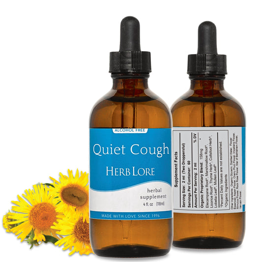 Herb Lore Quiet Cough tincture bottle prepared for respiratory support