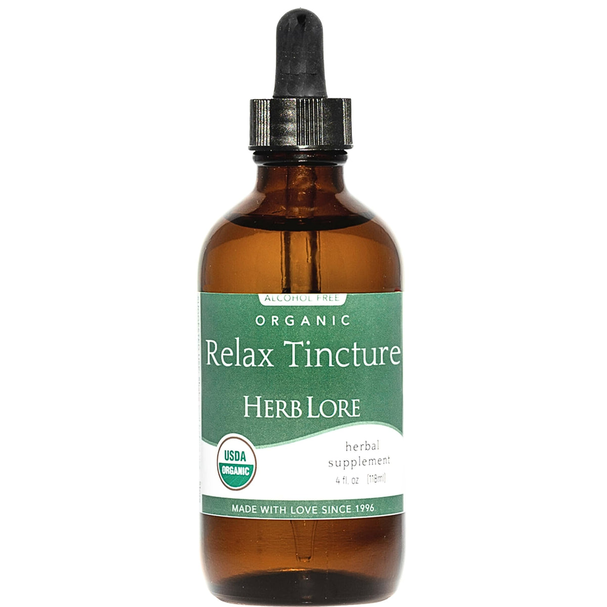 Herb Lore Relax Tincture bottle clear and labeled for storage and use.