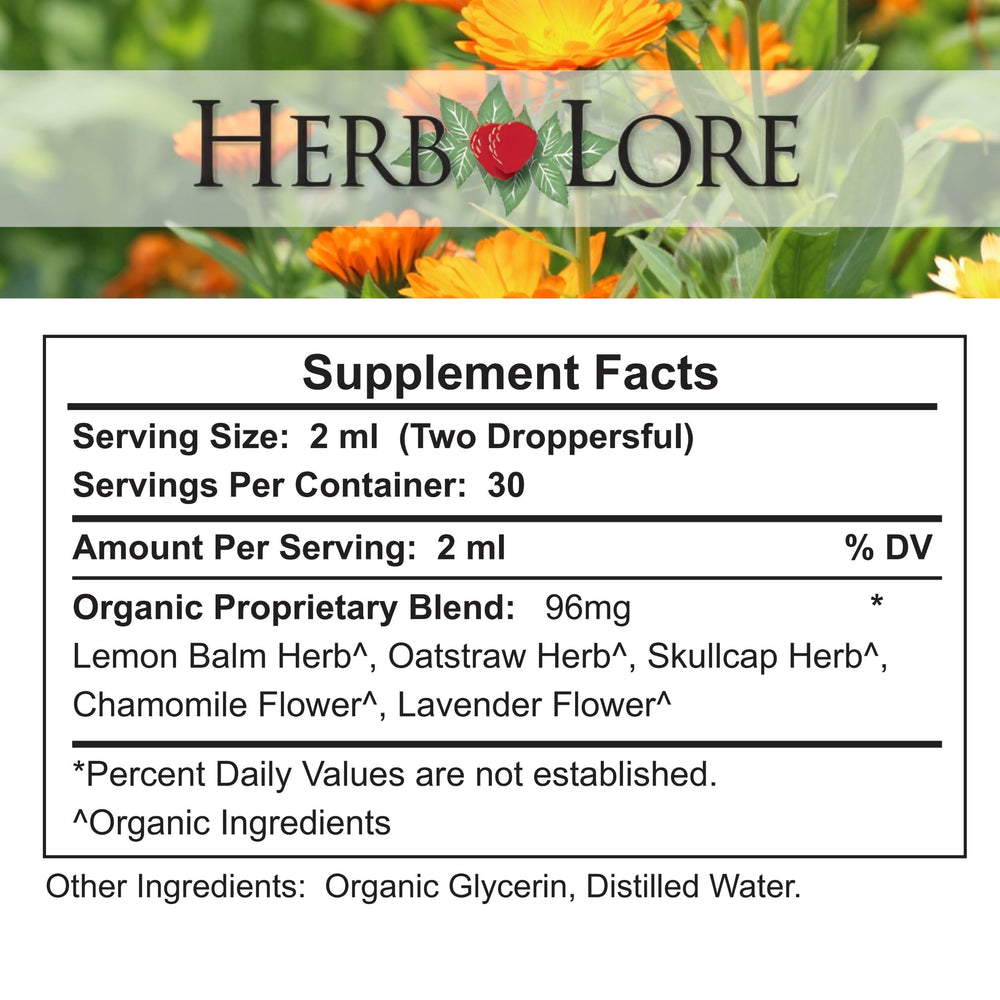 Herb Lore Relax Tincture in a warm tea cup for comforting herbal tea.