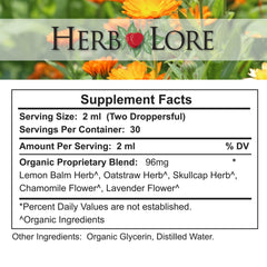 Herb Lore Relax Tincture in a warm tea cup for comforting herbal tea.