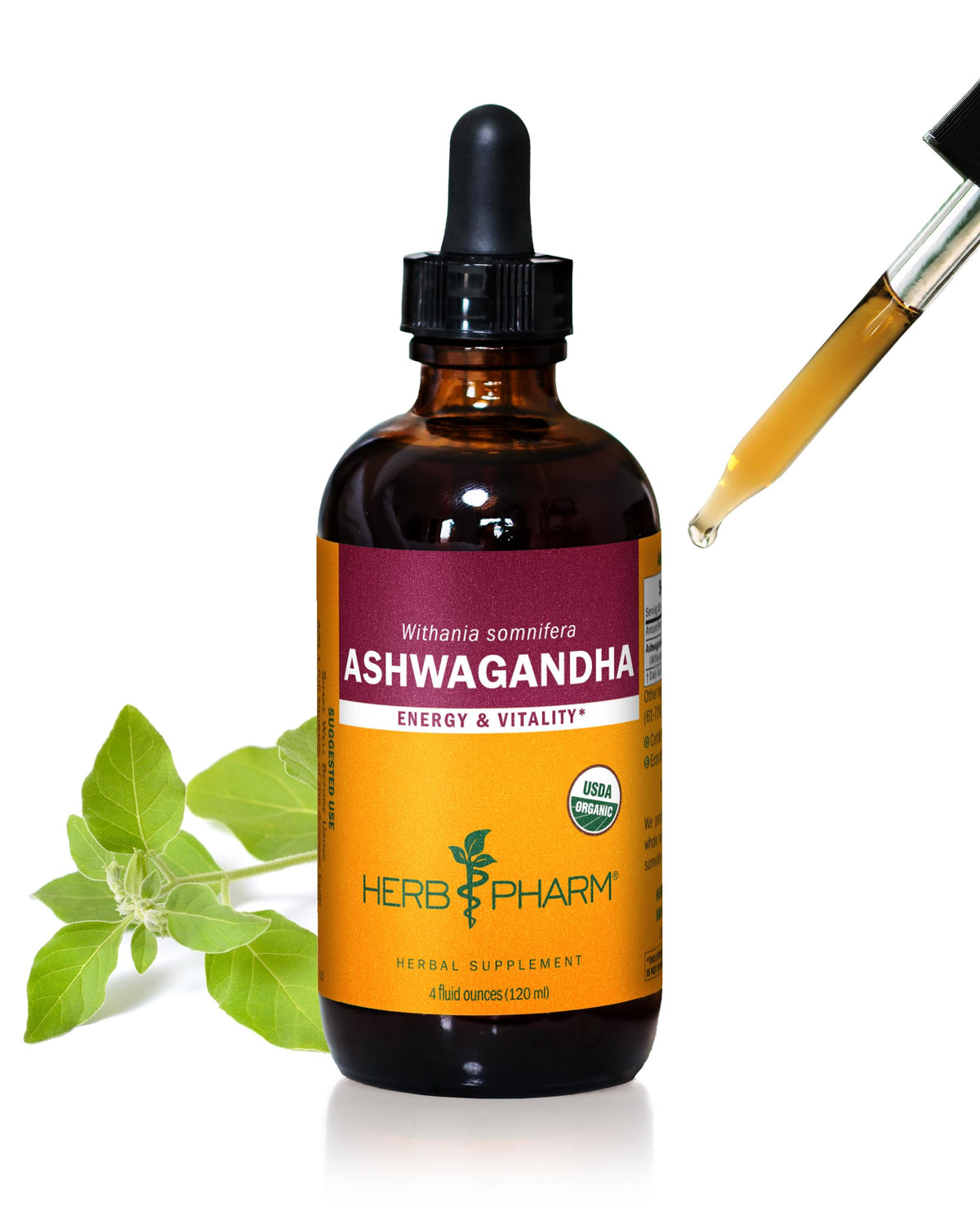Herb Pharm Ashwagandha extract bottle with label, supporting daily energy and balance.