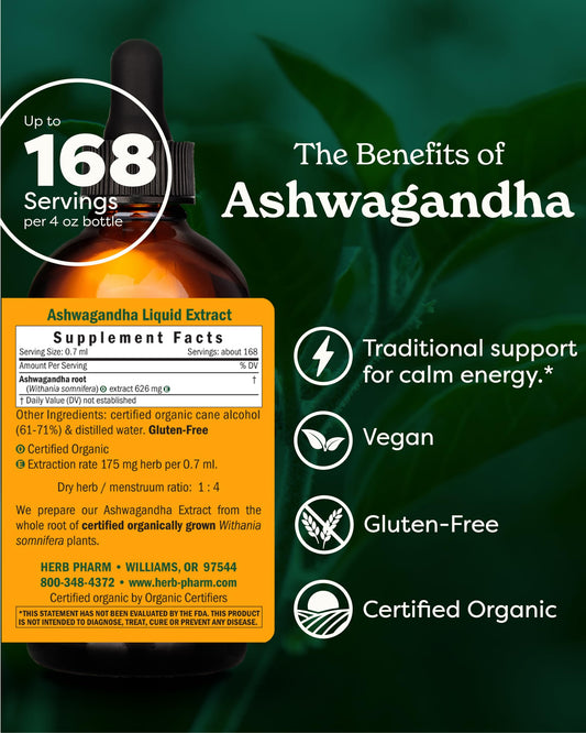Herb Pharm Ashwagandha root closeup, spotlighting the dried whole root used.