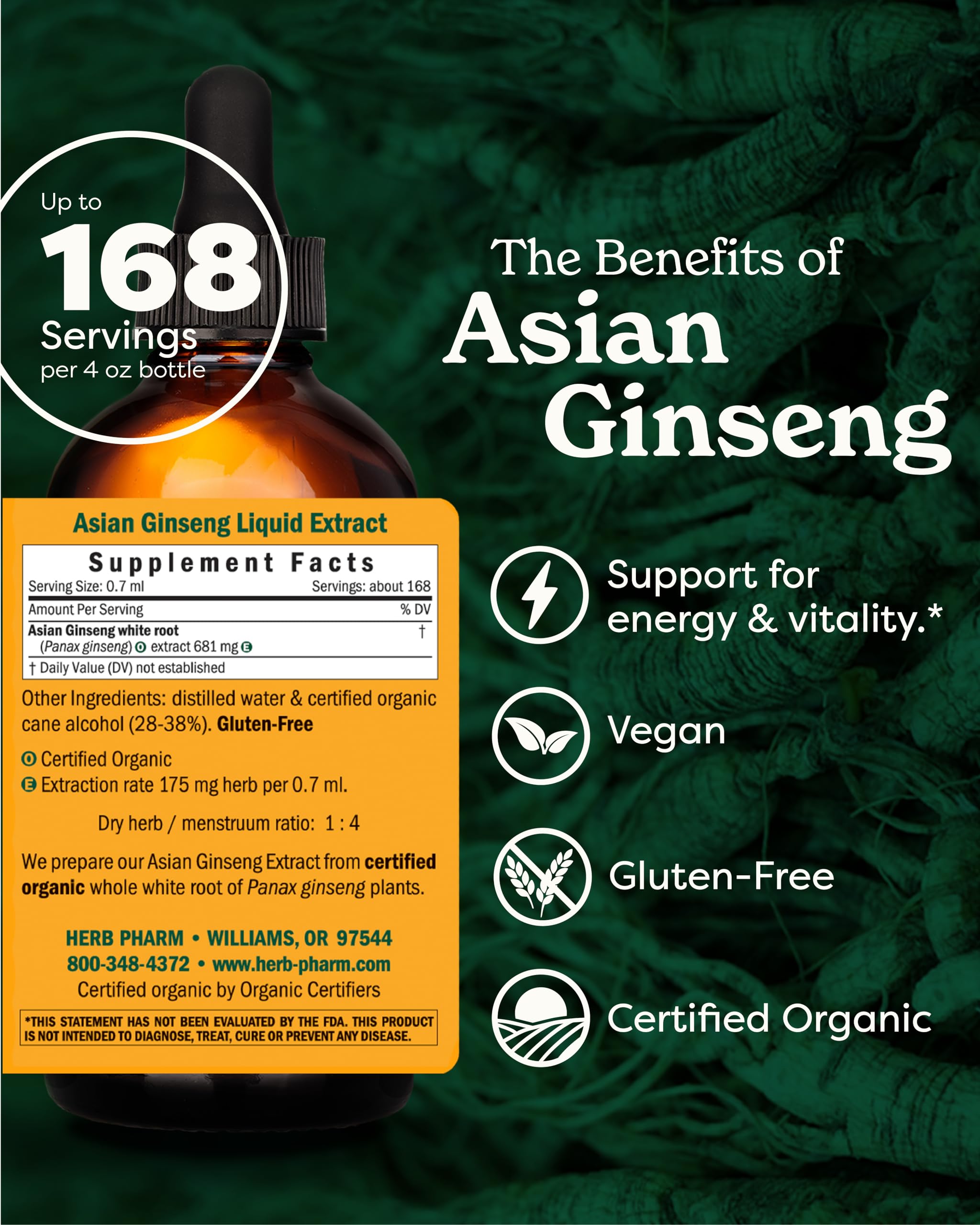 Herb Pharm Asian Ginseng organic Panax roots highlight natural ingredients
