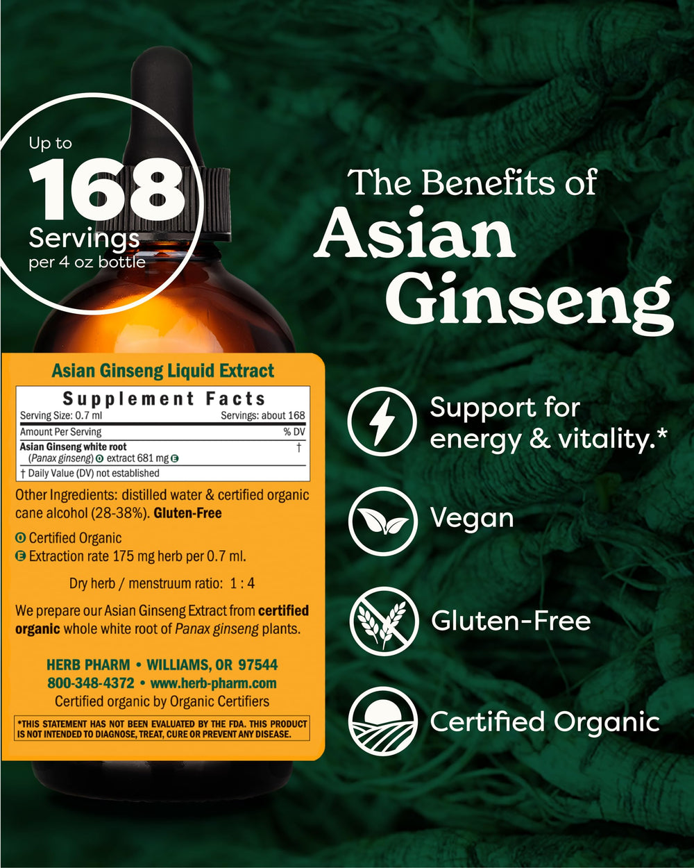 Herb Pharm Asian Ginseng organic Panax roots highlight natural ingredients