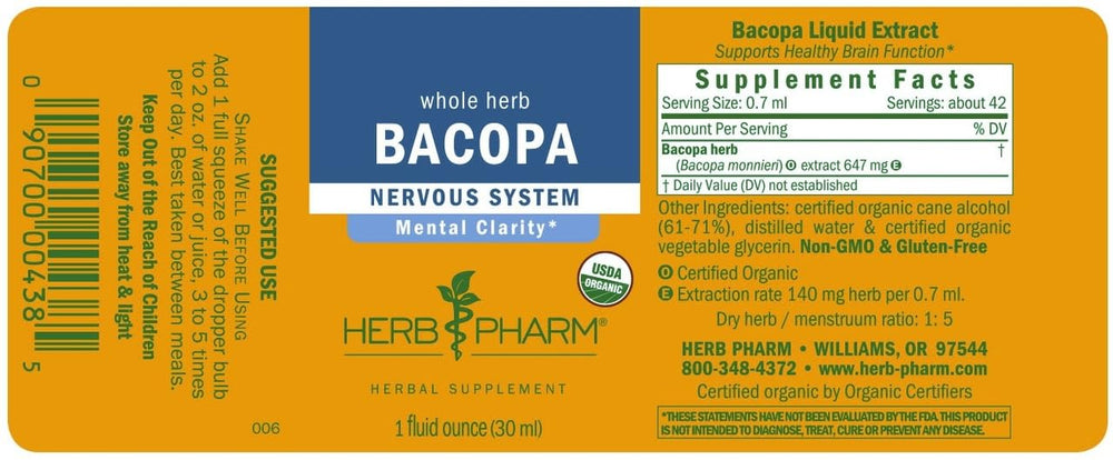 Herb Pharm Bacopa liquid extract label close-up showing organic source purity.