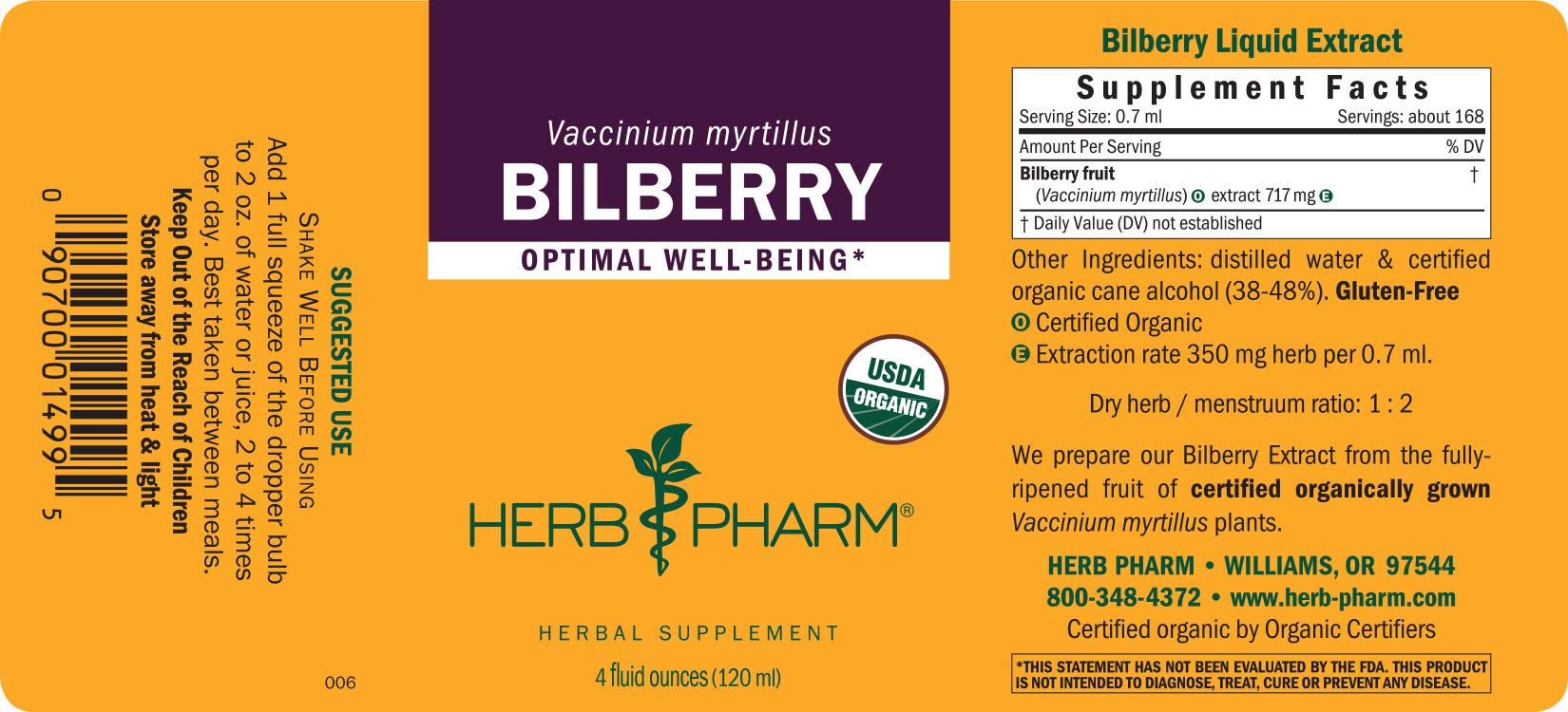 Herb Pharm Bilberry extract sourced from certified organic Vaccinium myrtillus plants.