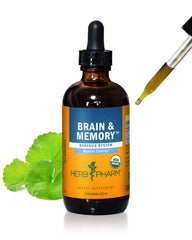 Herb Pharm Brain and Memory liquid bottle promotes focus and mental clarity.
