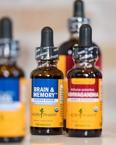 Herb Pharm Brain and Memory liquid dropper close-up emphasizing dosing flexibility.