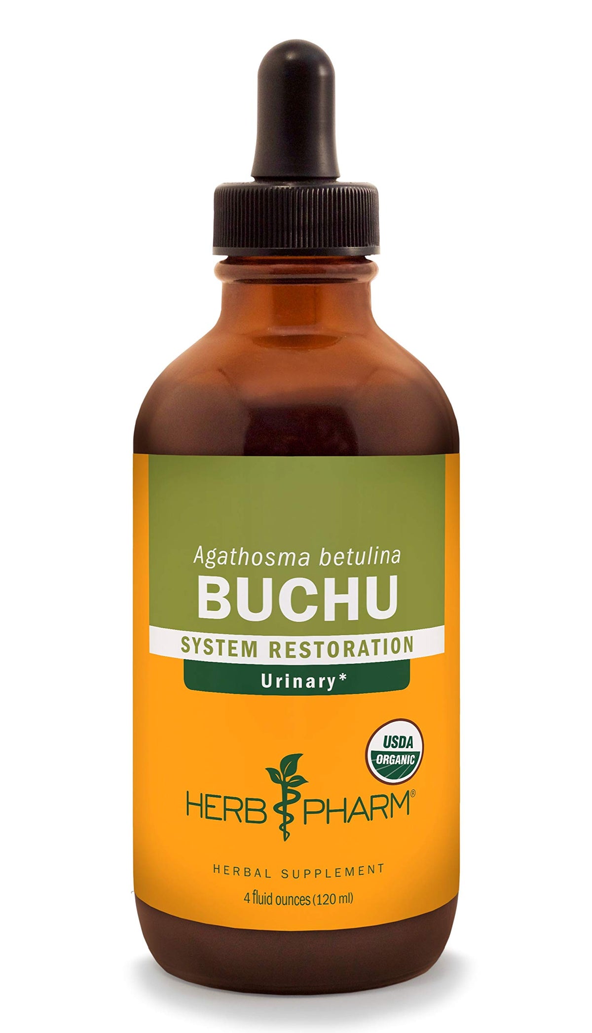 Herb Pharm Buchu liquid extract bottle highlights organic certification and potential urinary comfort support.