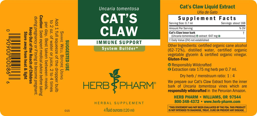Herb Pharm Cat's Claw label close-up showing extraction method and HPTLC verification