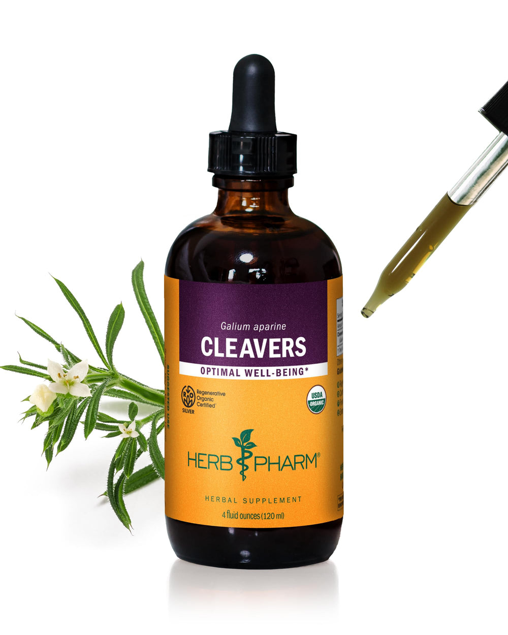 Herb Pharm Cleavers Liquid Extract bottle with dropper for easy, precise dosing.