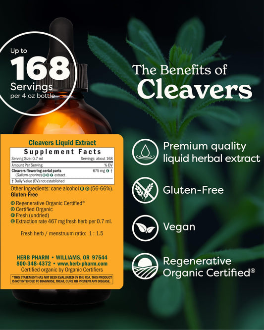 Close-up of Herb Pharm Cleavers extract label showing dropper cap.