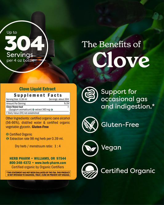 Herb Pharm clove extract dropper ready for easy daily dosing.