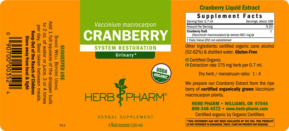 Herb Pharm cranberry liquid bottle pouring suggests quick absorption use.