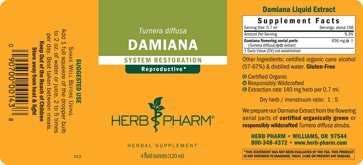 Herb Pharm Damiana flower bottle emphasizes sustainably wildcrafted harvest.