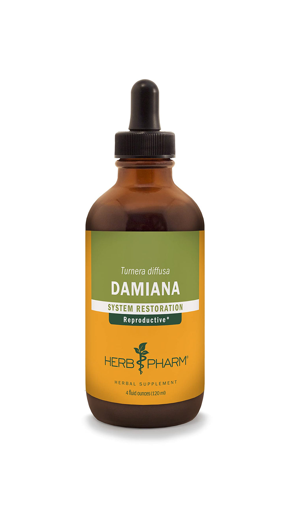 Herb Pharm Damiana leaf bottle shows certified organic sourcing for trusted use.