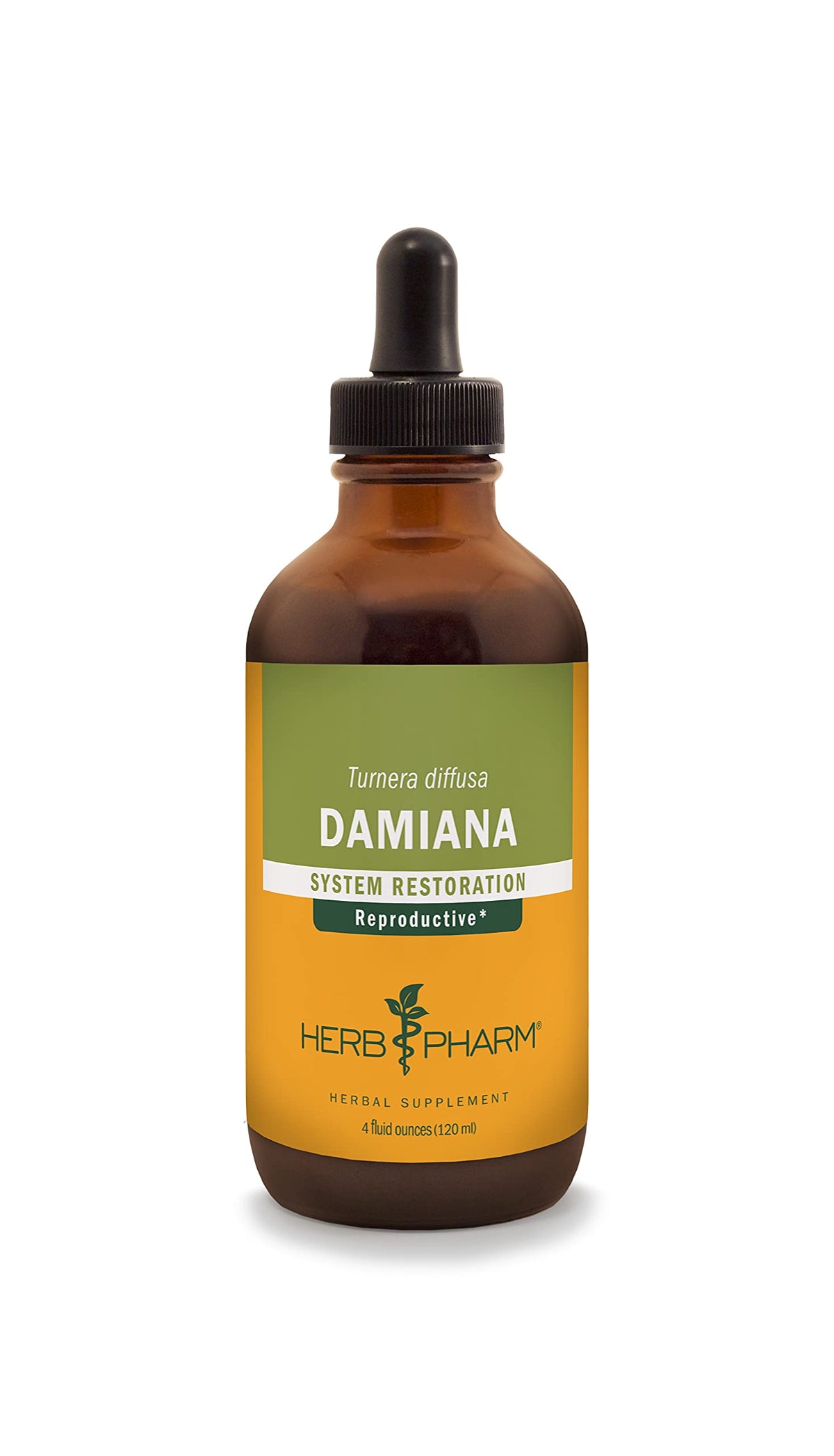 Herb Pharm Damiana leaf bottle shows certified organic sourcing for trusted use.