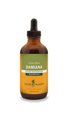 Herb Pharm Damiana leaf bottle shows certified organic sourcing for trusted use.