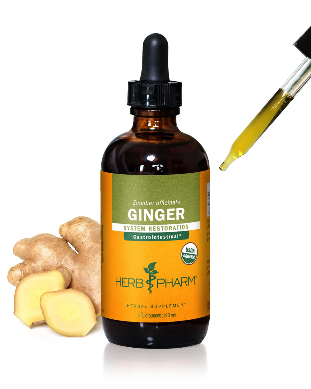 Herb Pharm Ginger Root Extract bottle on shelf supports daily digestive care.