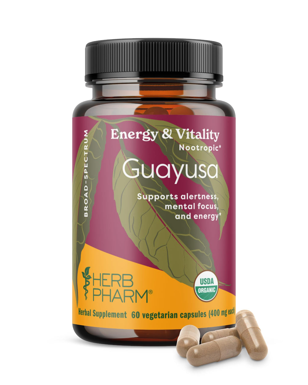 Herb Pharm Guayusa capsules bottle front for clean, plant-based energy support.