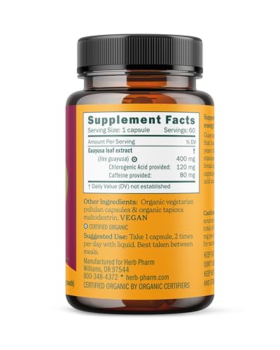 Herb Pharm Guayusa capsules label closeup highlighting organic ingredients.