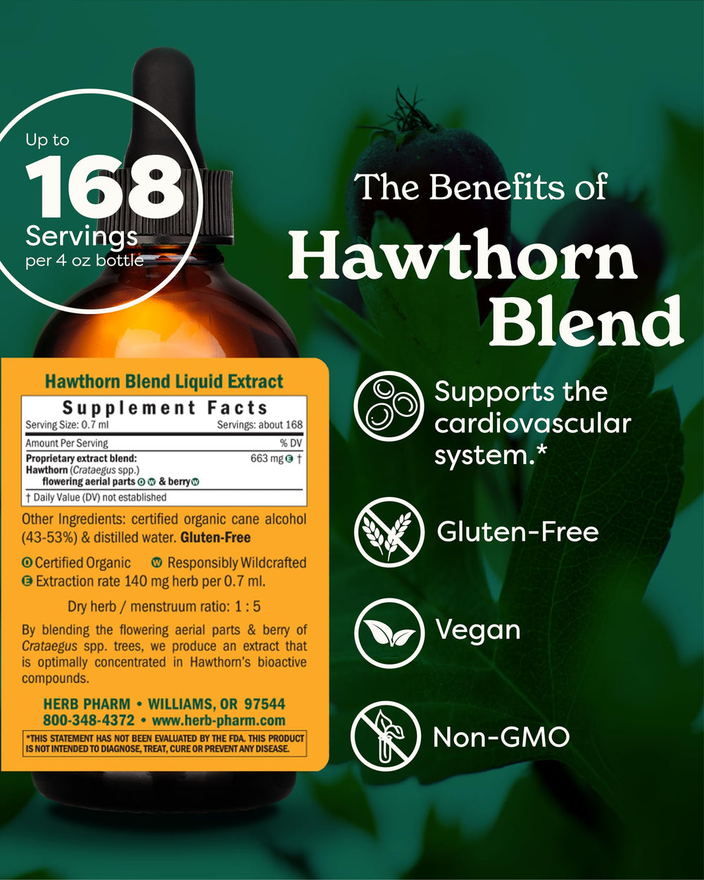 Hawthorn Blend liquid extract pouring from dropper, highlighting rapid absorption.