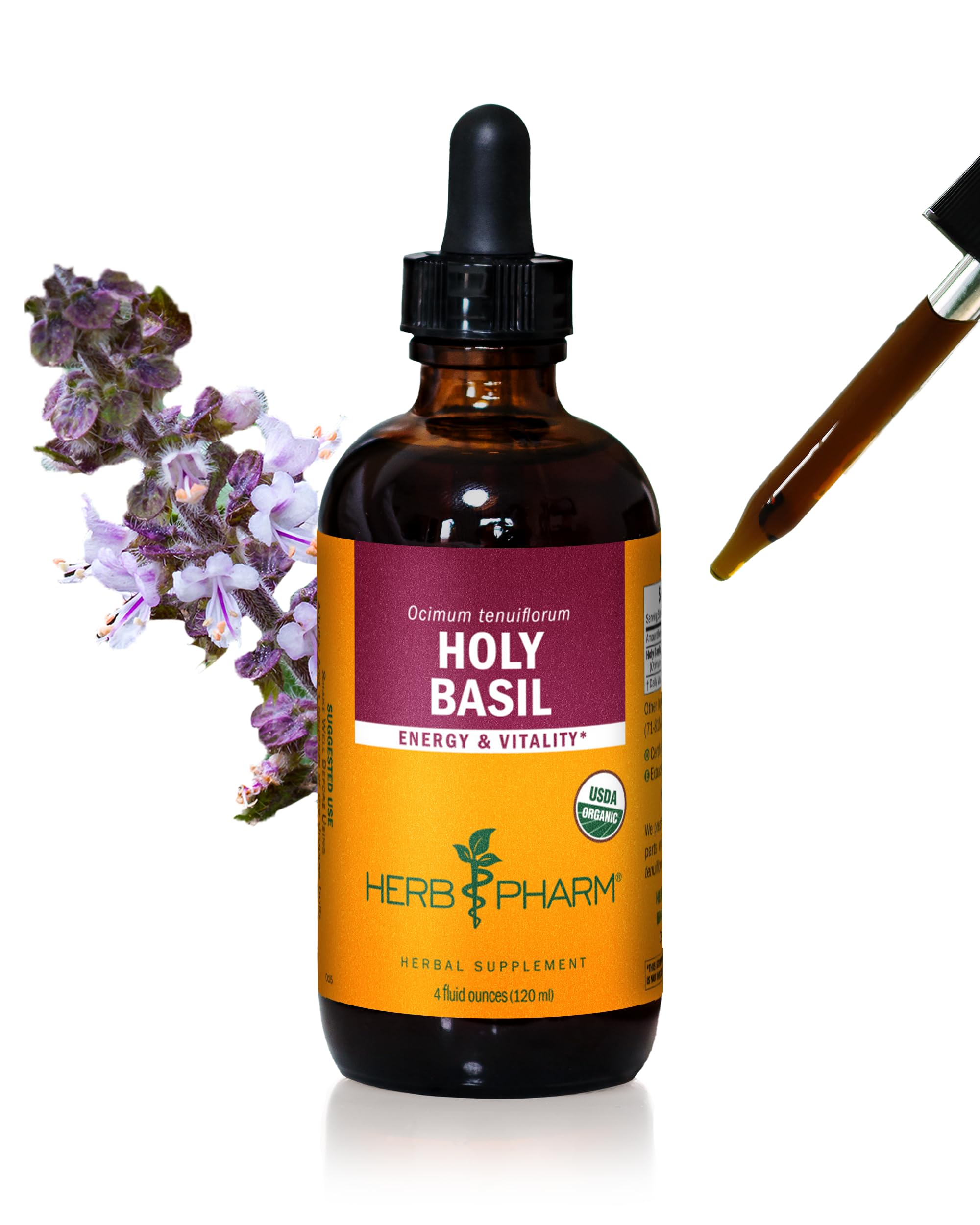 Herb Pharm Holy Basil bottle with dropper for easy daily energy.
