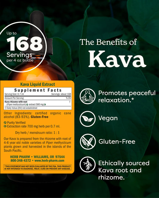 Herb Pharm Kava Root dropper showing rapid absorption in liquid form.