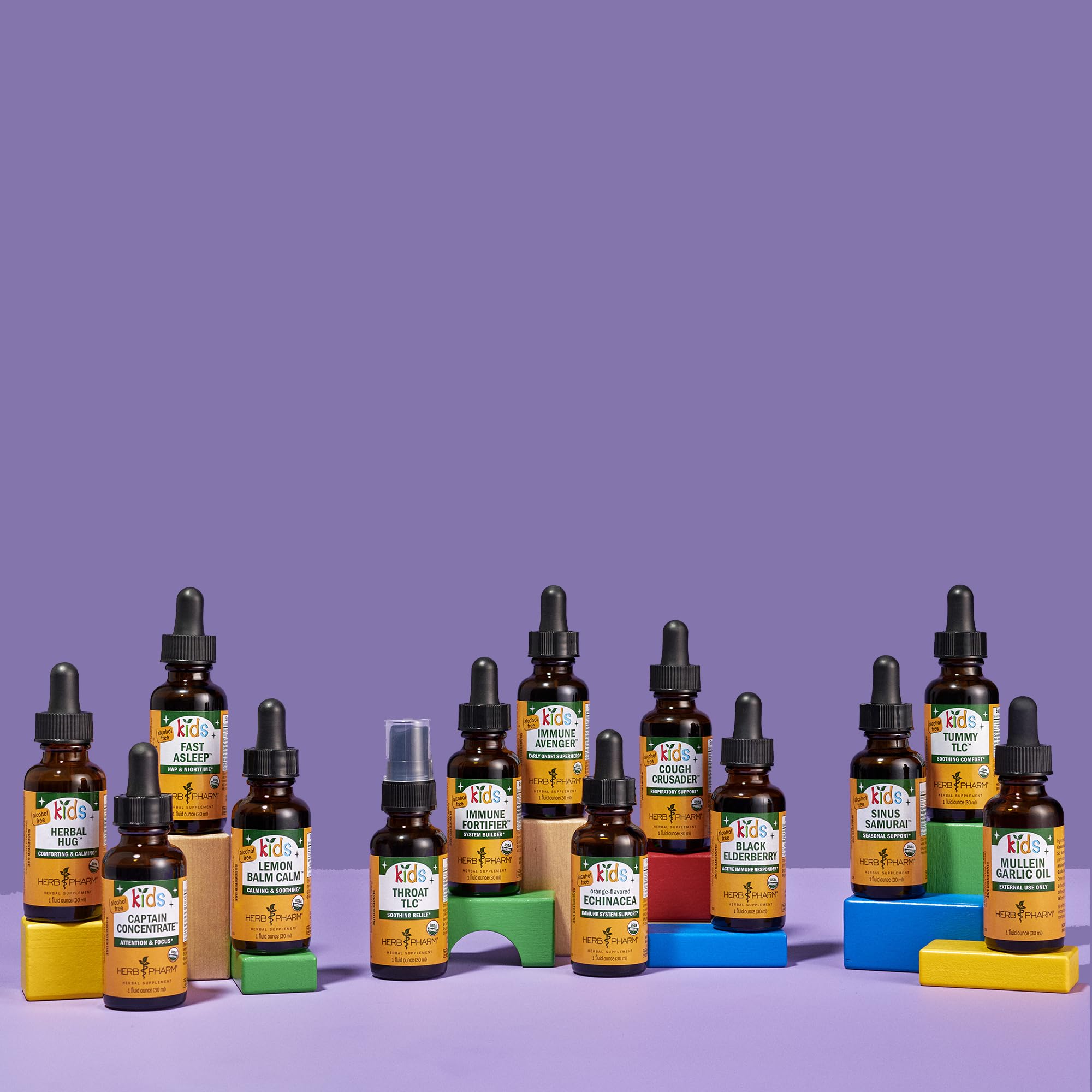 Herb Pharm kids bottle shown with juice for easy use.