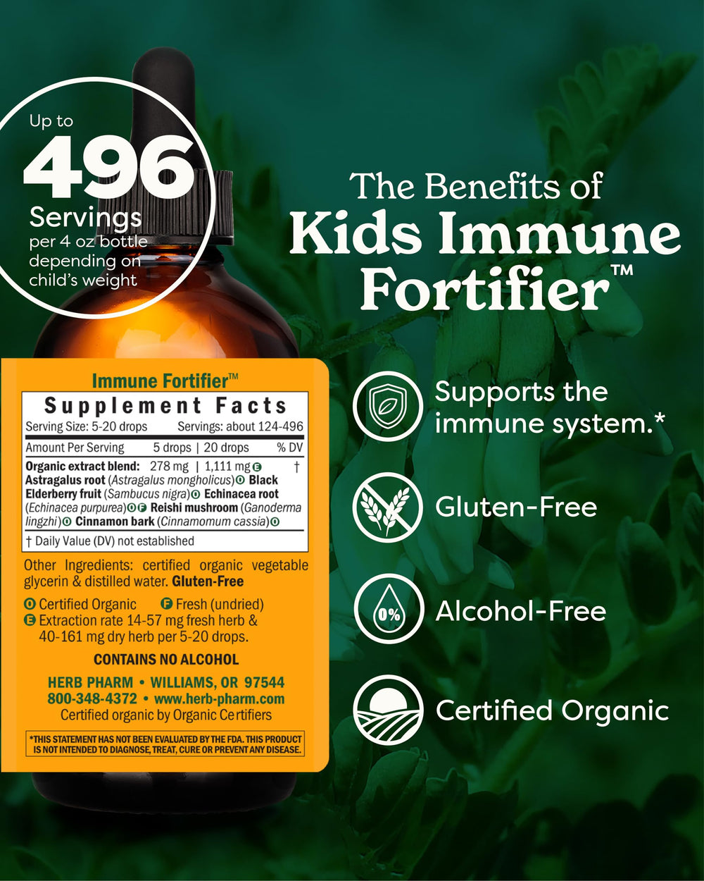 Herb Pharm Kids Immune Fortifier label close-up with organic herbs.