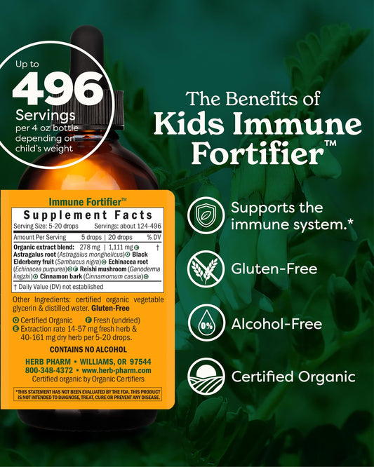Herb Pharm Kids Immune Fortifier label close-up with organic herbs.