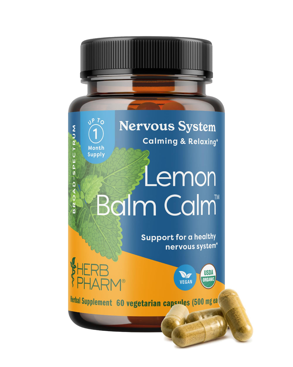 Herb Pharm Lemon Balm Calm Capsules bottle with organic relaxation support label.