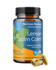 Herb Pharm Lemon Balm Calm Capsules bottle with organic relaxation support label.