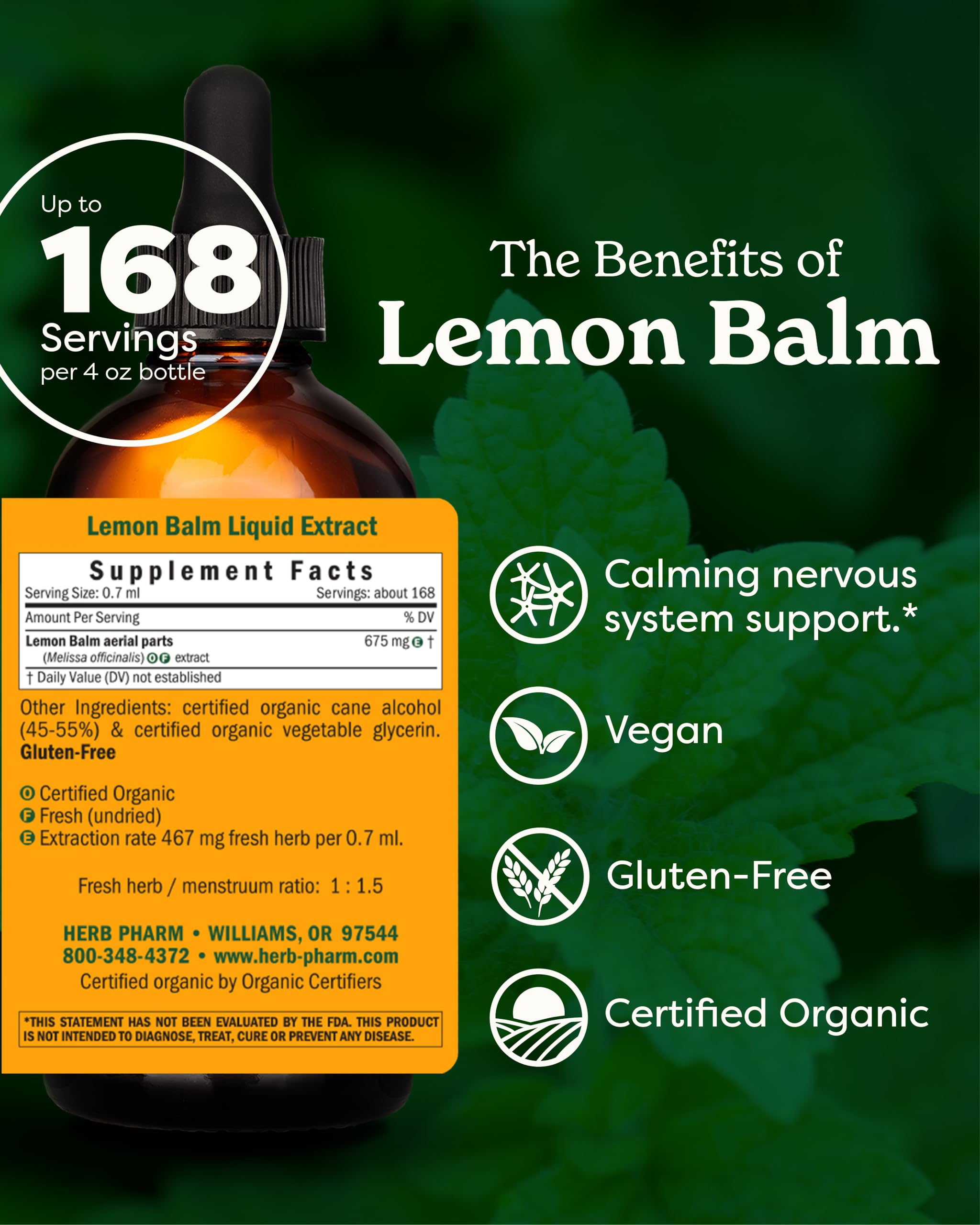 Dropper releasing Herb Pharm Lemon Balm liquid into water for gentle daily use