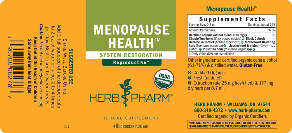 Herb Pharm Menopause Health bottle and dropper ready to mix in water or tea for gentle balance
