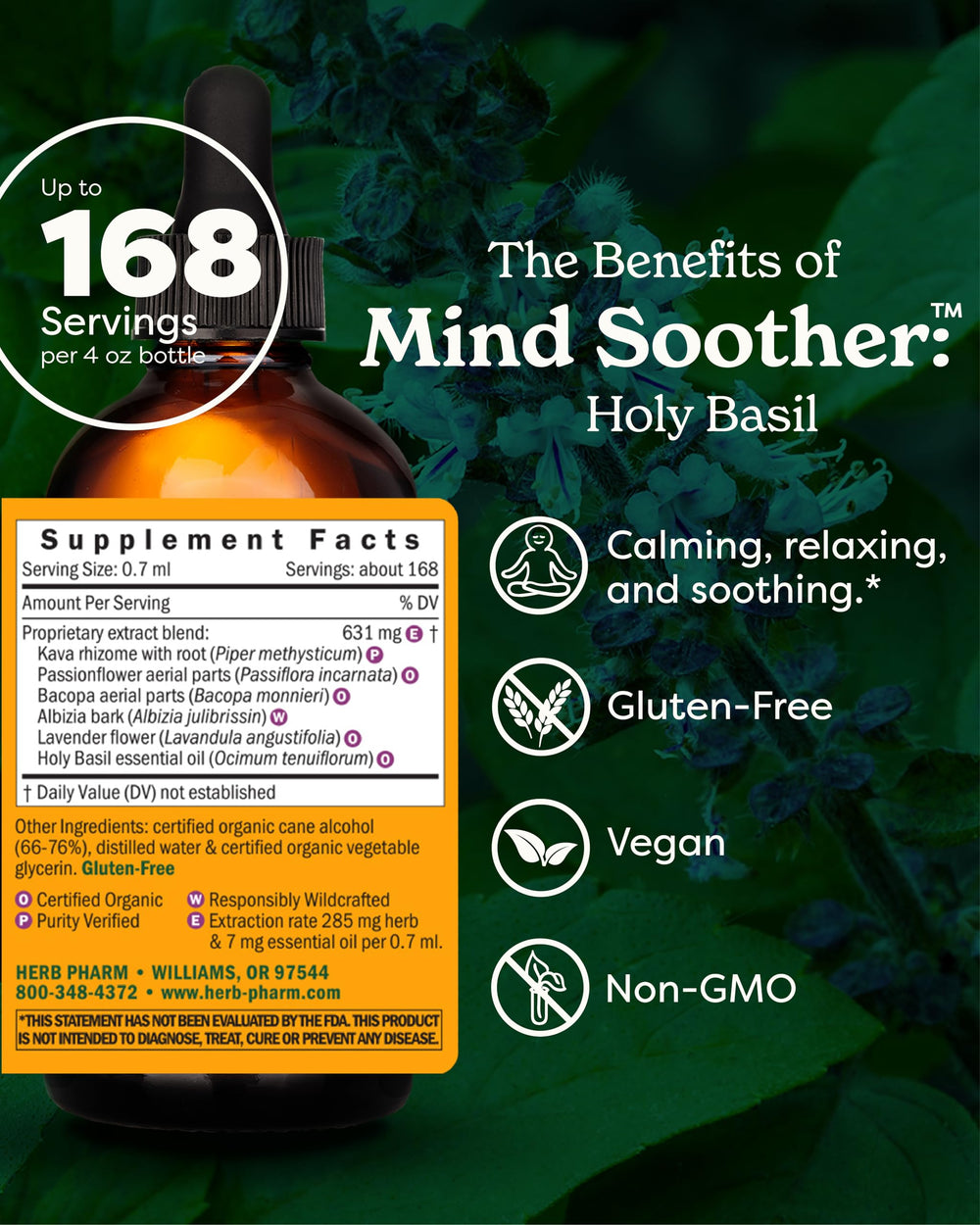 Herb Pharm Mind Soother label close-up highlights noble kava and lavender aroma for calm.