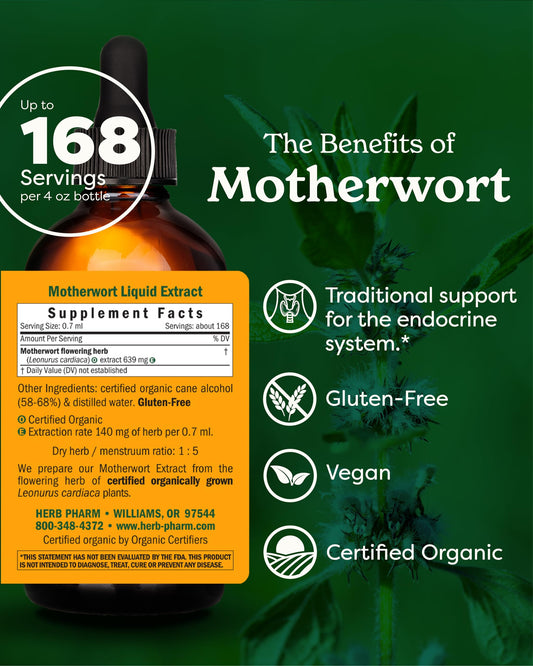 Herb Pharm Motherwort dropper cap enables precise dosing.