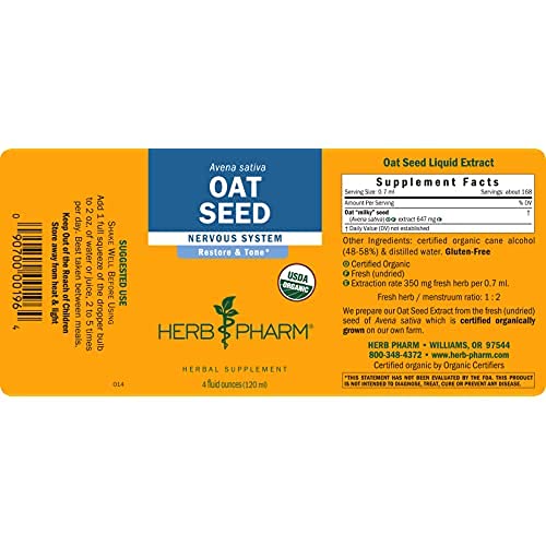 Pouring Herb Pharm oat seed extract from amber bottle for easy dosing