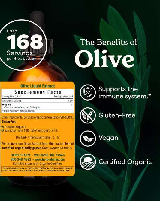 Herb Pharm Olive Leaf Liquid Extract label highlights organic quality.