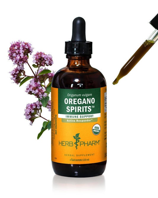 Herb Pharm Oregano Spirits bottle front highlighting immune support potential.