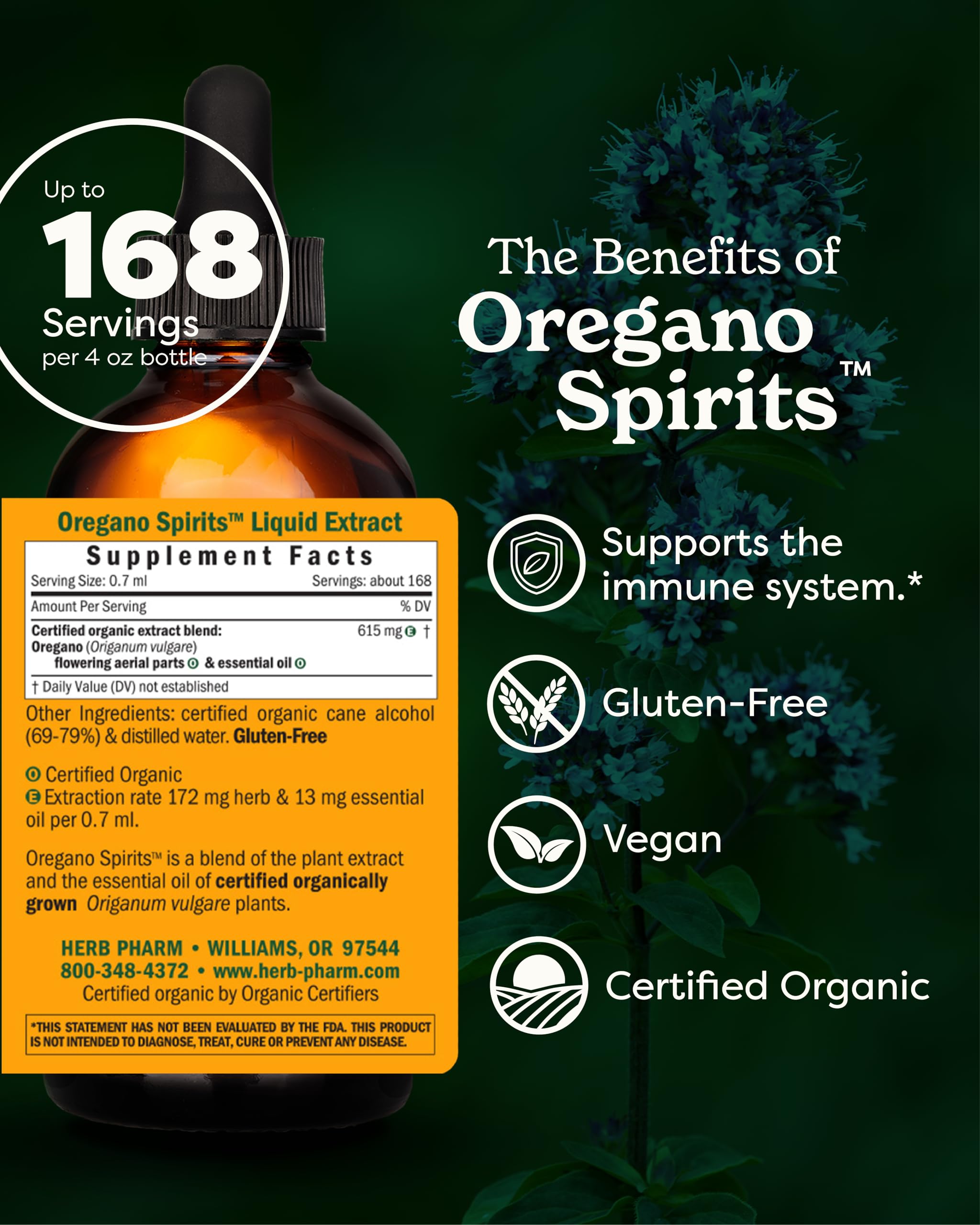 Herb Pharm Oregano Spirits bottle pour for easy dilution and use.
